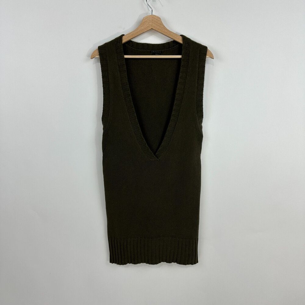 Theory Cashmere V-Neck Sweater Vest Women Large Olive Green Long Classic Preppy